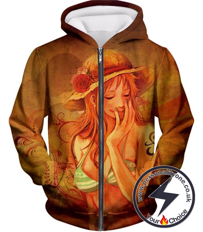 One Piece Super Hot Pirate Thief Nami Sketch Print Zip Up Hoodie